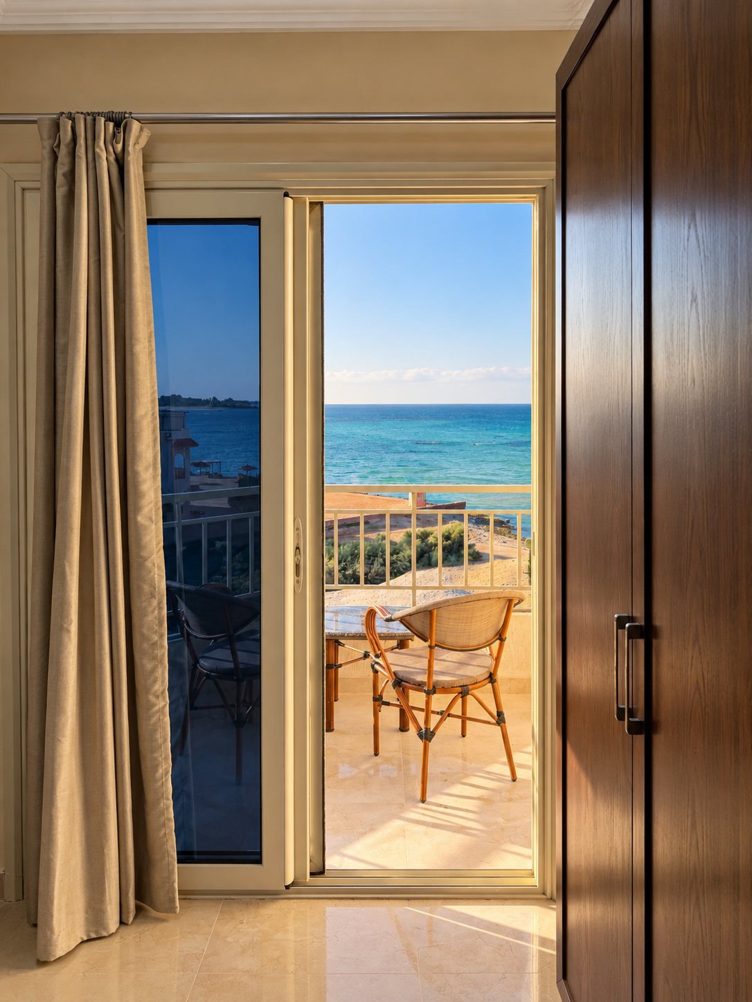 Morning light through the bedroom curtains, sea view